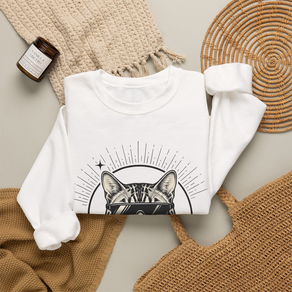 Stylish Cat Sweatshirt Cat Joke Gift Women Illustrative Sweatshirt Kitty Sweatshirt Feline Fan Catty Graphic Old School Cool Glasses Sweatshirt