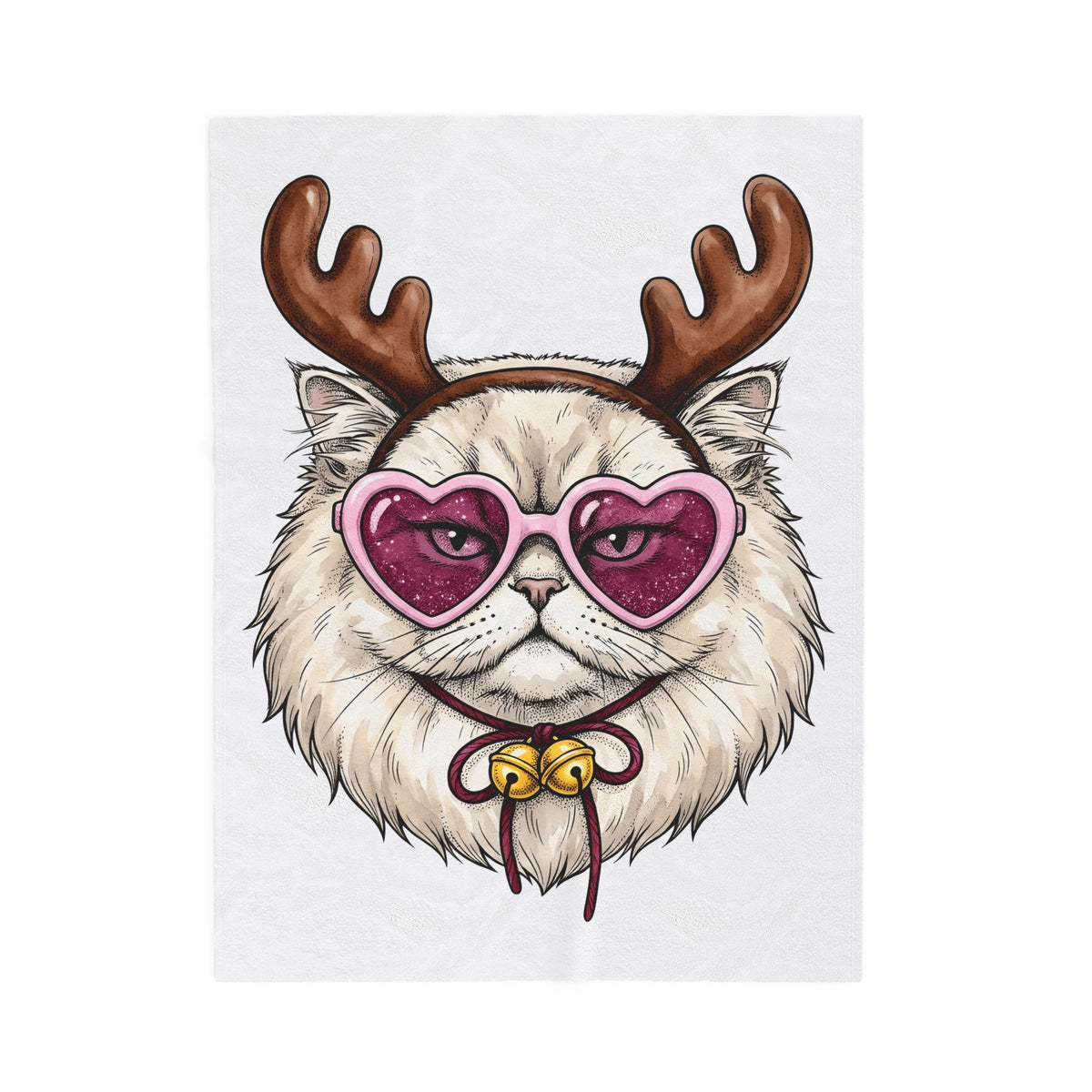 Cat Reindeer Blanket Christmas Cat Gift Women Hand Drawn Blanket Reindeer Blanket Xmas Fan Illustrated Graphic Kitten Design Vintage Heart