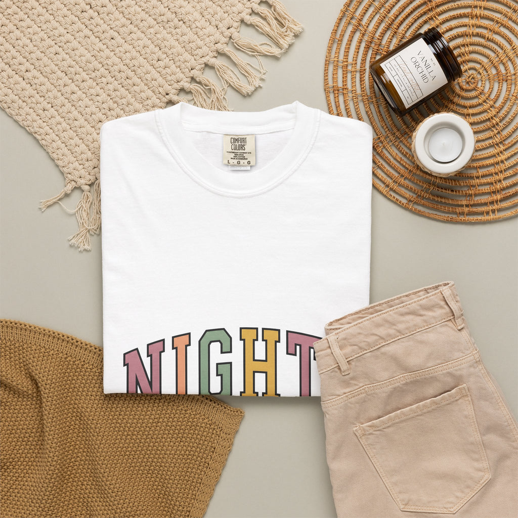 Varsity Lettering Design T-Shirt Nurses Graveyard Shift Gift Women Pale Hues T-Shirt Letterman T-Shirt Nursing Enthusiast Pastel T-Shirt Night