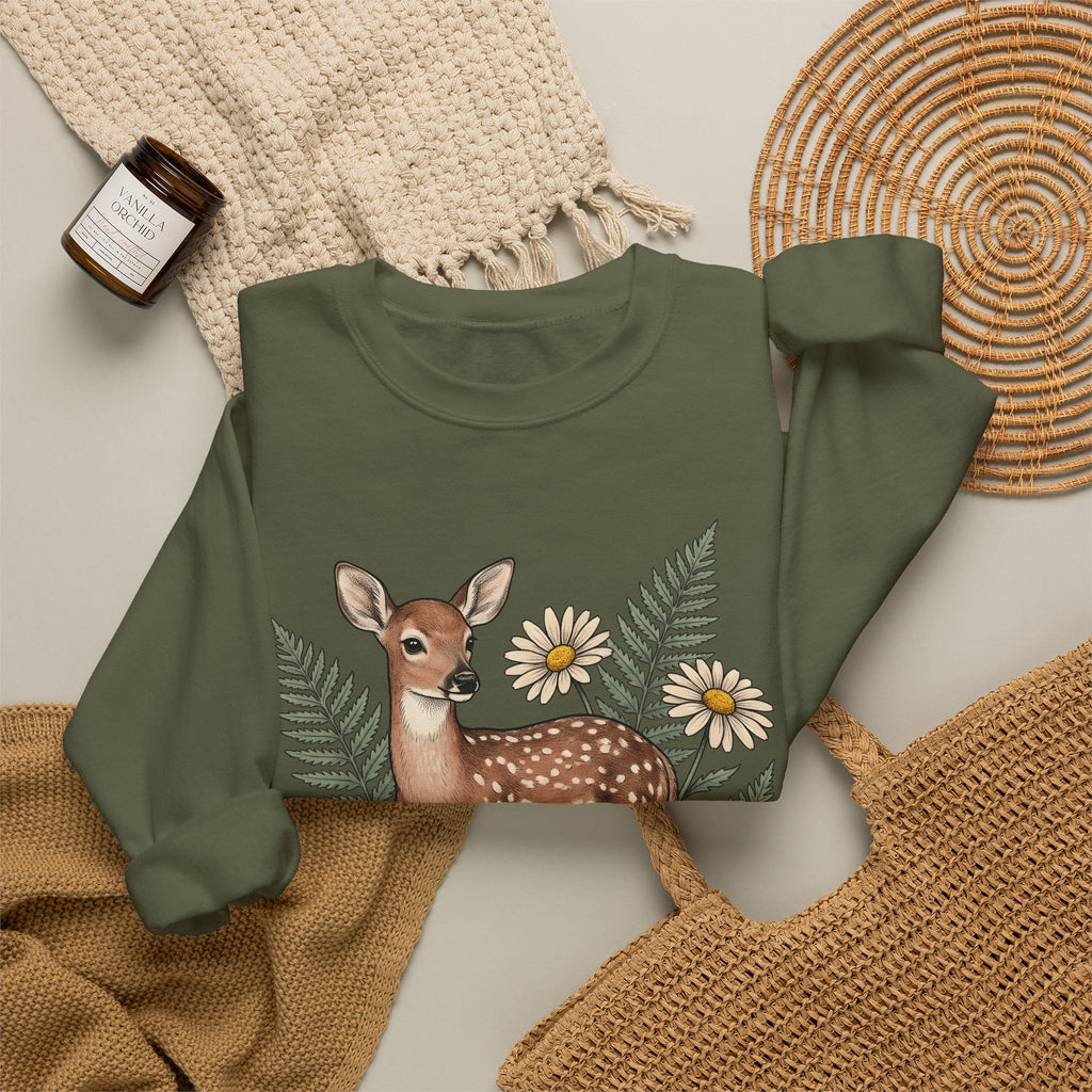 Deer Illustration Sweatshirt Boho Chic Outdoor Gift Women Floral Sweatshirt Fawn Sweatshirt Bohemian Fan Botanical Sweatshirt Wilderness Graphic Retro Flower