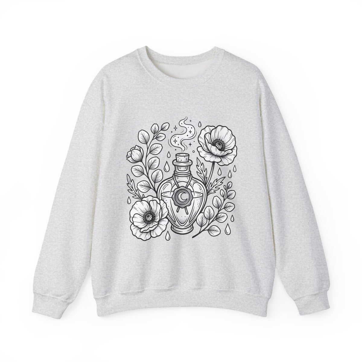 Magic Bottle Sweatshirt Halloween Spells Gift Women Sketch Sweatshirt Genie Bottle Sweatshirt Horror Fan Mystic Drawing Graphic Retro Flower Sweatshirt