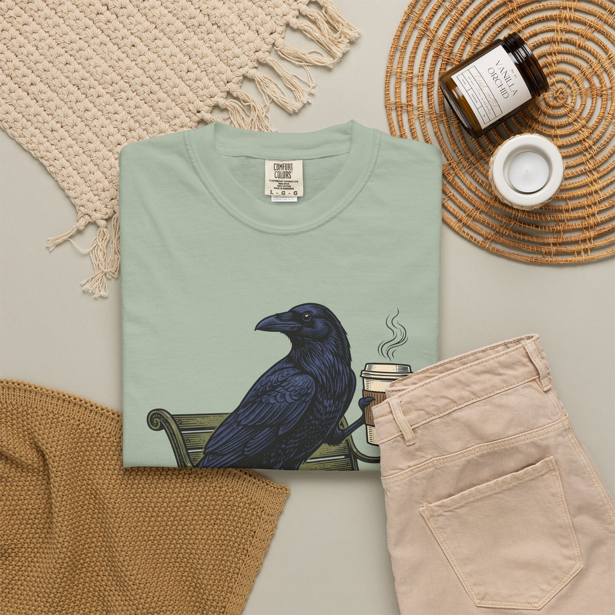 Raven Coffee T-Shirt Coffee Animal Gift Women Vintage T-Shirt Coffee T-Shirt Coffee Fan Retro T-Shirt Wildlife Graphic Hand Drawn Park Bench T-Shirt
