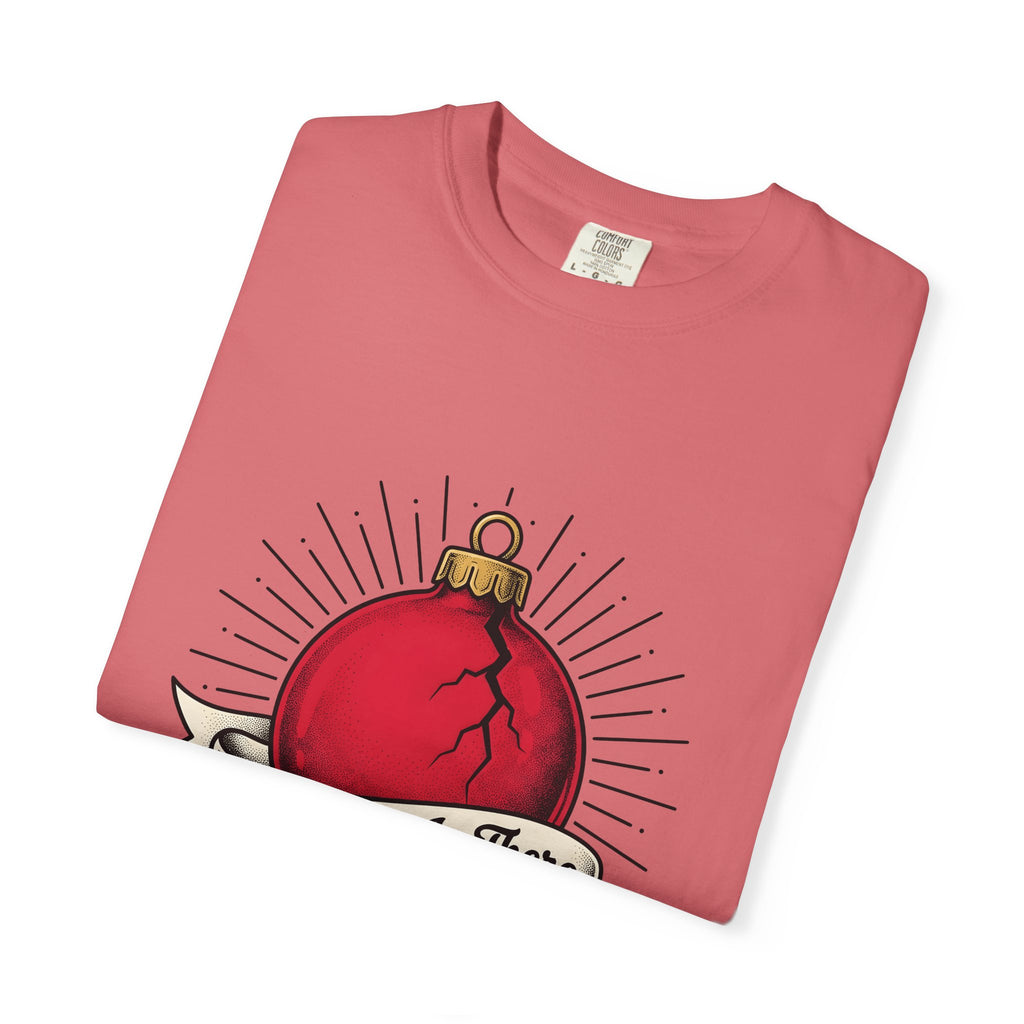 Fractured Ornament T-Shirt Christmas Satire Gift Women Hand Drawn T-Shirt Broken Bauble T-Shirt Xmas Fan Hand Drawn T-Shirt Sarcastic Graphic Old