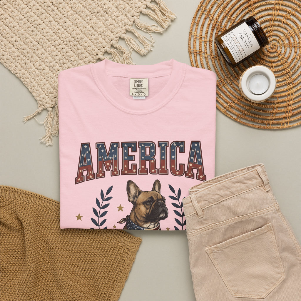 French Bulldog T-Shirt America Patriotic Gift Women Vintage T-Shirt Bouledogue T-Shirt American Fan Retro Illustration Graphic Retro Stars T-Shirt