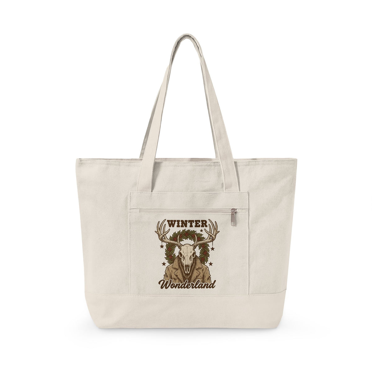 Antler Skull Tote Bag Christmas Frost Gift Women Throwback Tote Bag Deer Skull Tote Bag Xmas Fan Holiday Tote Bag Frosty Graphic Cartoon Pine Wreath