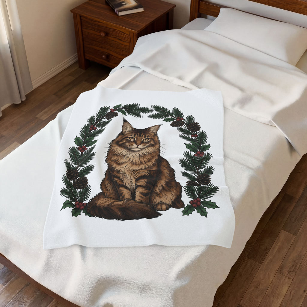 Maine Coon Kitten Blanket Cat Holiday Gift Women Floral Blanket Kitten Blanket Cat Fan Fancy Blanket Christmas Graphic Retro Pine Twigs Blanket