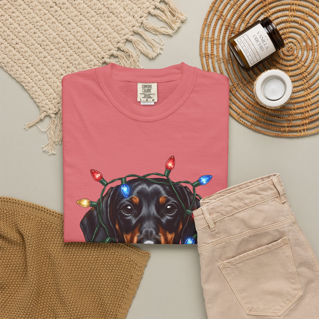 Dachshund Dog T-Shirt Dog Holiday Gift Women Realistic T-Shirt Wiener Dog T-Shirt Dog Fan Photorealistic T-Shirt Christmas Graphic Hand Drawn