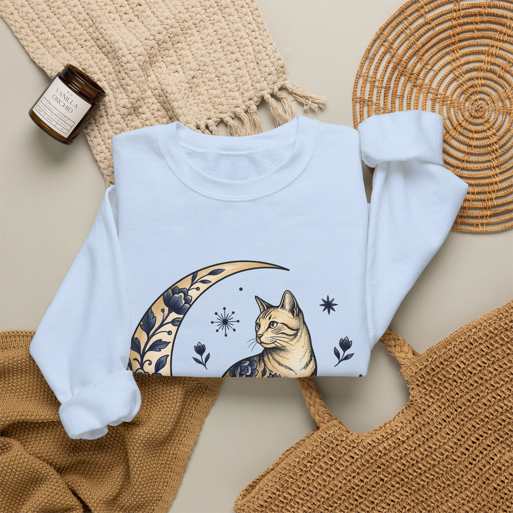 Flower Kitty Sweatshirt Cat Astrology Gift Women Hippie Sweatshirt Kitty Cat Sweatshirt Cat Fan Zodiac Graphic Sweatshirt Retro Half Moon Sweatshirt