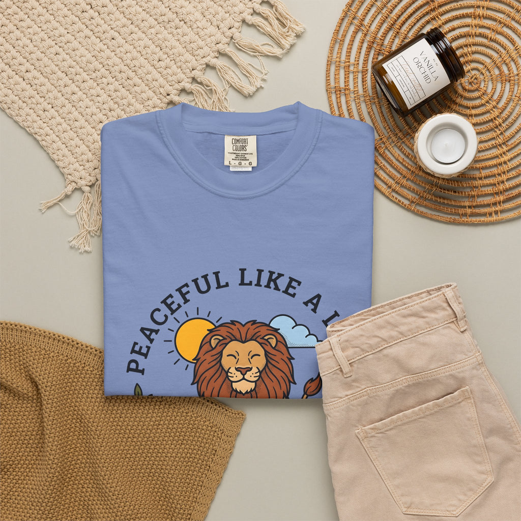 Meditating Lion T-Shirt Yoga Mindfulness Gift Women Cartoon T-Shirt Lioness T-Shirt Yoga Enthusiast Comic T-Shirt Meditation Graphic Minimalist Sun