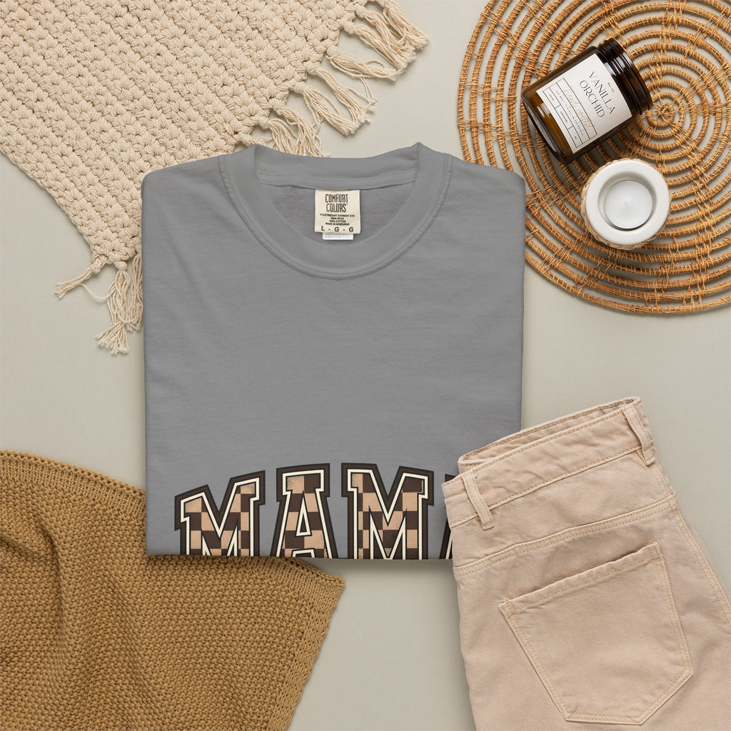 Checkered Varsity Letters T-Shirt Mama Baby Gift Women Powerful T-Shirt Varsity Jacket T-Shirt Mom Fan Bold T-Shirt Infant Graphic Old School Grid
