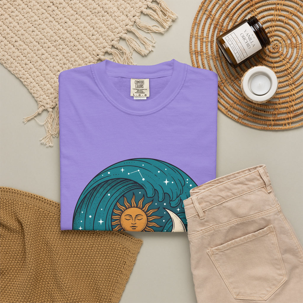 Sun Moon Sea Celestial Horoscope Gift Folk Ocean Astrology Enthusiast Bohemian Zodiac Rustic Star T-Shirt