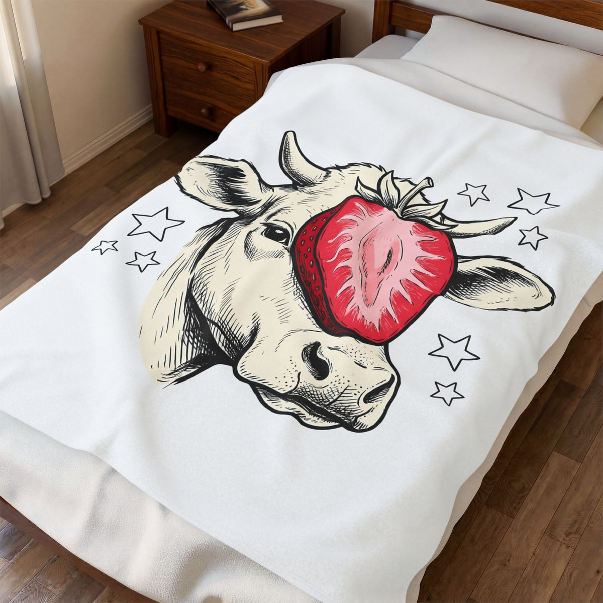 Cow Strawberry Blanket Cute Animal Gift Women Hand Drawn Blanket Cow Blanket Adorable Fan Illustrated Blanket Creature Graphic Whimsical Stars