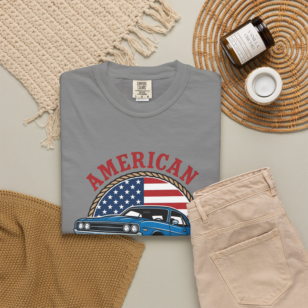 Muscle Car T-Shirt America Automotive Gift Women Vintage T-Shirt Hot Rod T-Shirt Patriot Enthusiast Classic T-Shirt Car Graphic Retro American Flag