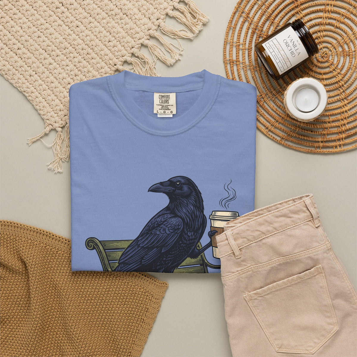 Raven Coffee T-Shirt Coffee Animal Gift Women Vintage T-Shirt Coffee T-Shirt Coffee Fan Retro T-Shirt Wildlife Graphic Hand Drawn Park Bench T-Shirt