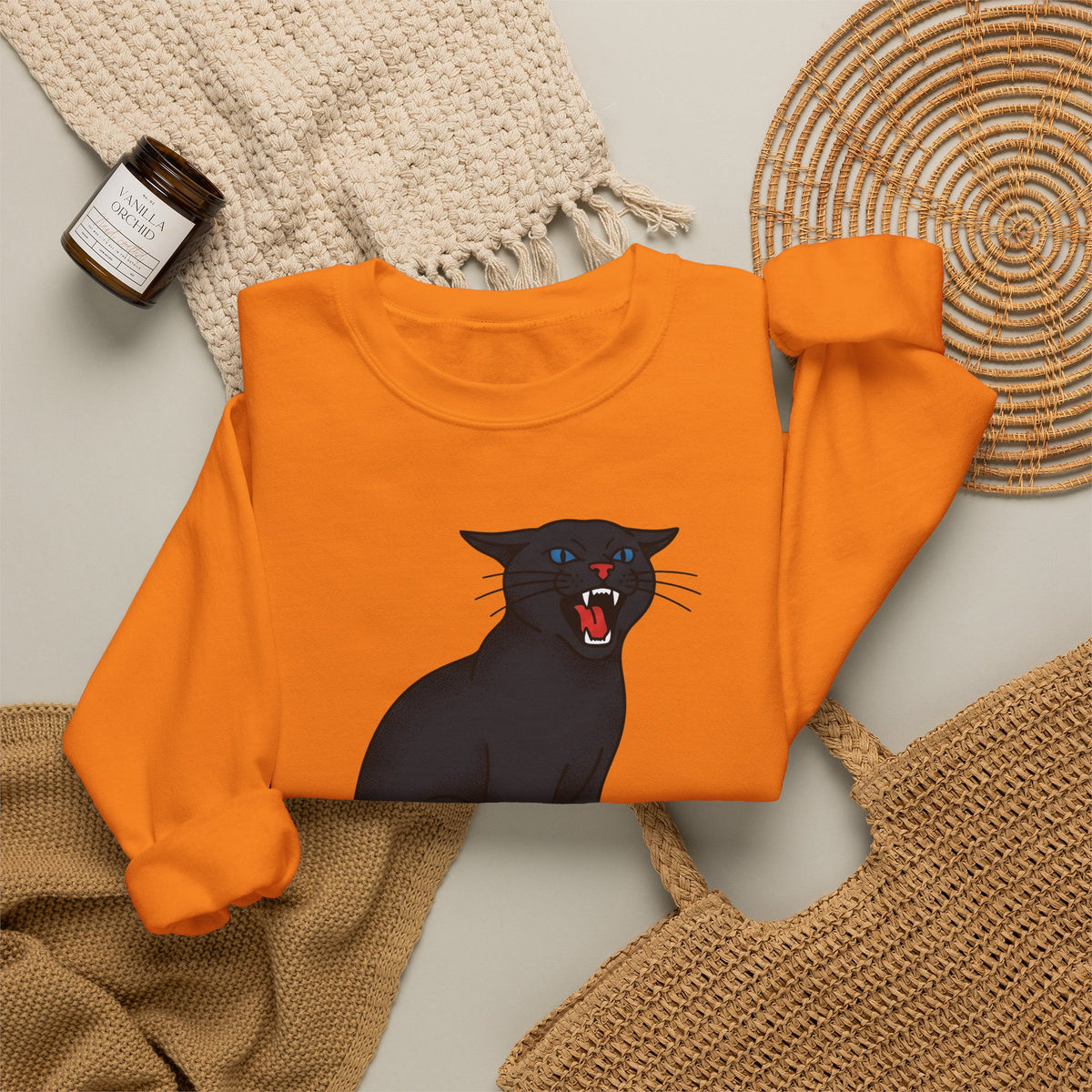 Black Cat Sweatshirt Cat Humor Gift Women Bold Graphic Sweatshirt Cat Sweatshirt Cat Fan Graphic Sweatshirt Funny Graphic Retro Fangs Sweatshirt