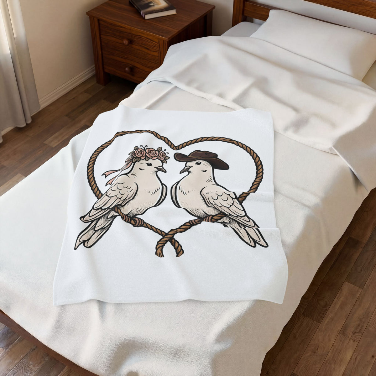 Dove Duo Blanket Cowgirl Ranch Gift Women Classic Blanket Pigeons Blanket Rodeo Fan Rustic Graphic Blanket Pen Drawing Braided Heart Blanket