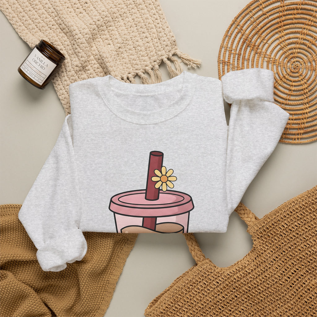 Boba Tea Sweatshirt Drinks Cuisine Gift Women Cute Sweatshirt Bubble Tea Sweatshirt Beverage Fan Milk Tea Sweatshirt Food Graphic Simple Blossom Sweatshirt