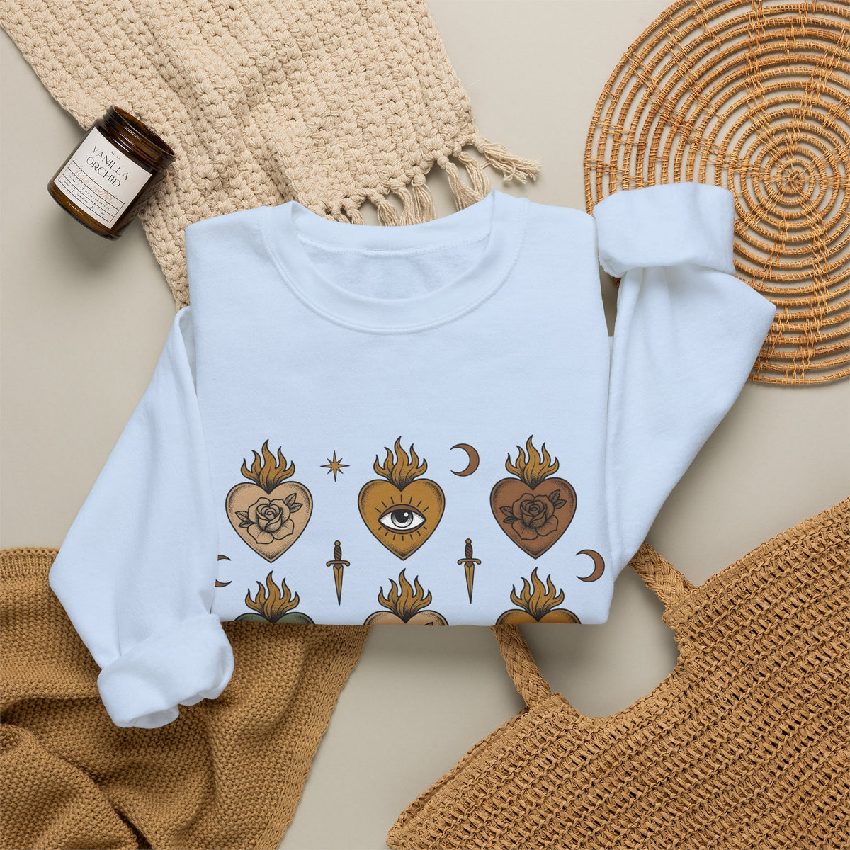 Sacred Heart Pattern Sweatshirt Boho Chic Mystical Gift Women Tattoo Sweatshirt Heart Design Sweatshirt Bohemian Fan Ink Graphic Sweatshirt Vintage Crescent