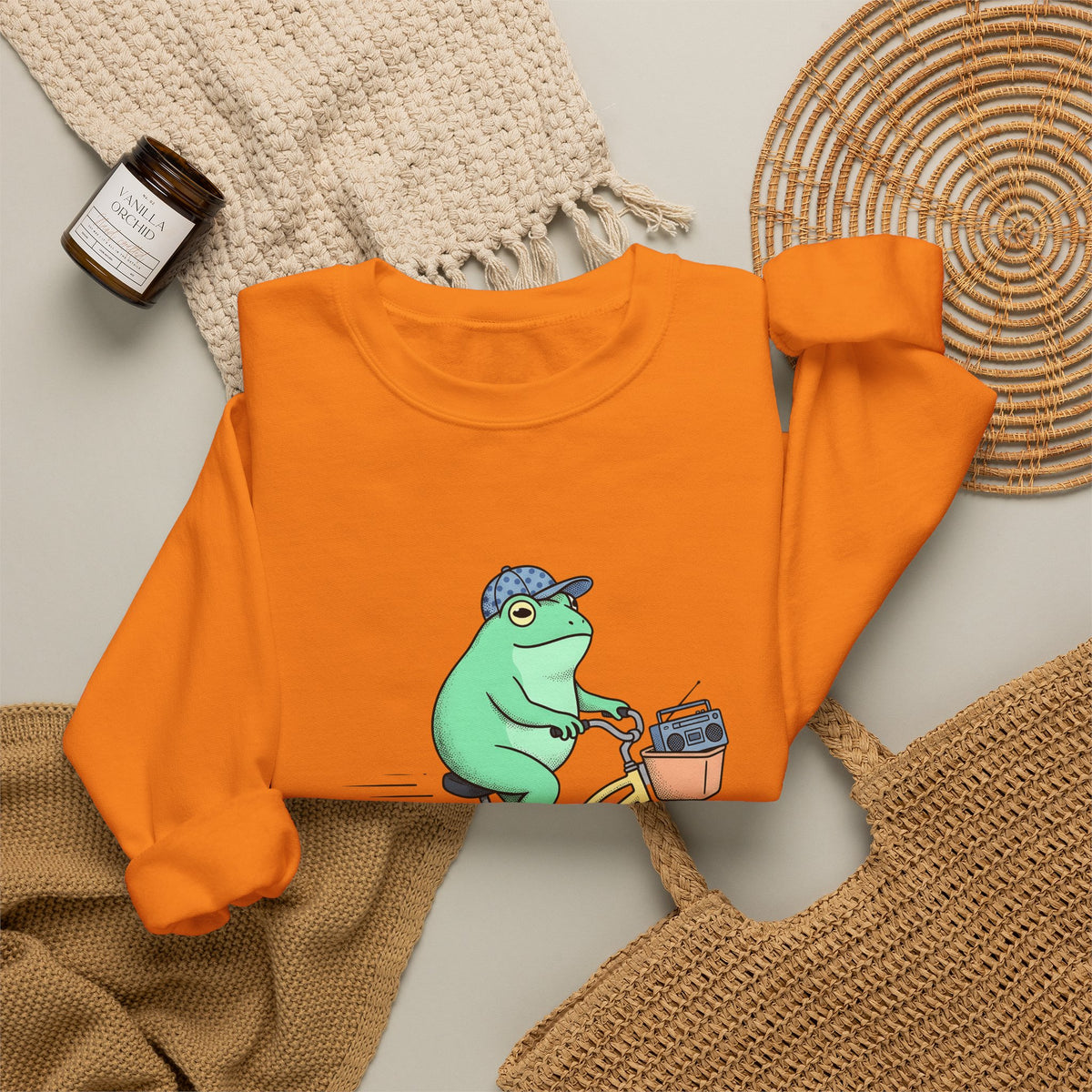 Frog Cycle Sweatshirt Funny Critters Gift Women Graphic Sweatshirt Toad Sweatshirt Humor Fan Cartoon Sweatshirt Creature Graphic Old School Music Player Sweatshirt