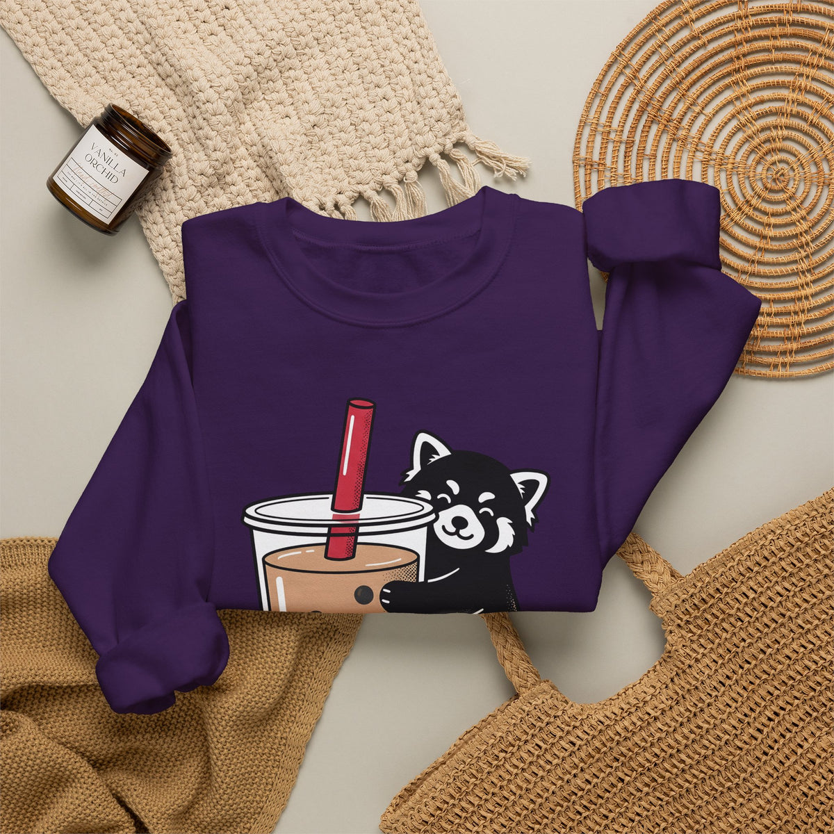 Red Panda Drink Sweatshirt Boba Wildlife Gift Women Adorable Sweatshirt Panda Drink Sweatshirt Bubble Tea Fan Cute Sweatshirt Animal Graphic Animated Milk Tea