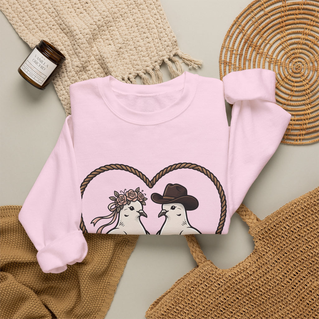 Dove Duo Sweatshirt Cowgirl Ranch Gift Women Classic Sweatshirt Pigeons Sweatshirt Rodeo Fan Rustic Graphic Sweatshirt Pen Drawing Braided Heart Sweatshirt