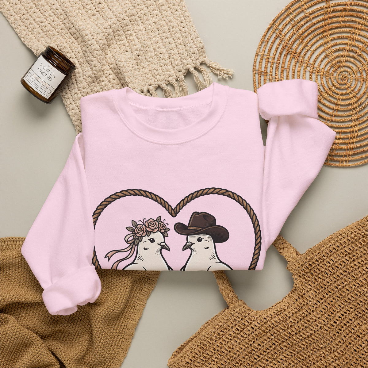 Dove Duo Sweatshirt Cowgirl Ranch Gift Women Classic Sweatshirt Pigeons Sweatshirt Rodeo Fan Rustic Graphic Sweatshirt Pen Drawing Braided Heart Sweatshirt
