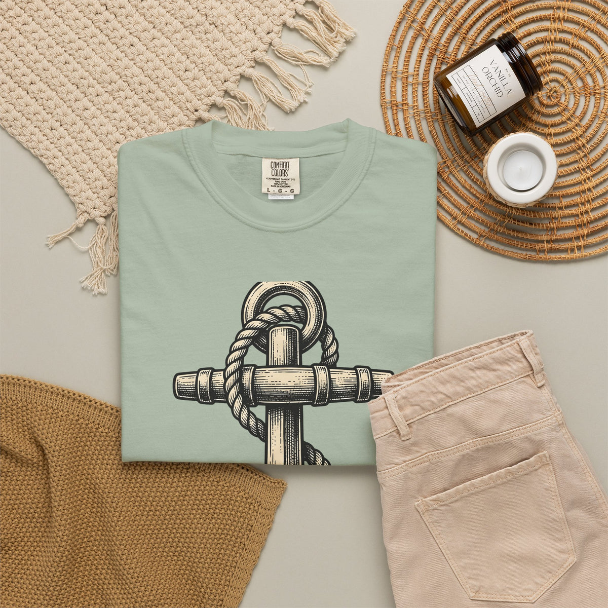 Anchor Line Nautical Beach Gift Old School Rope Sailor Fan Mooring Outline Seaside T-Shirt