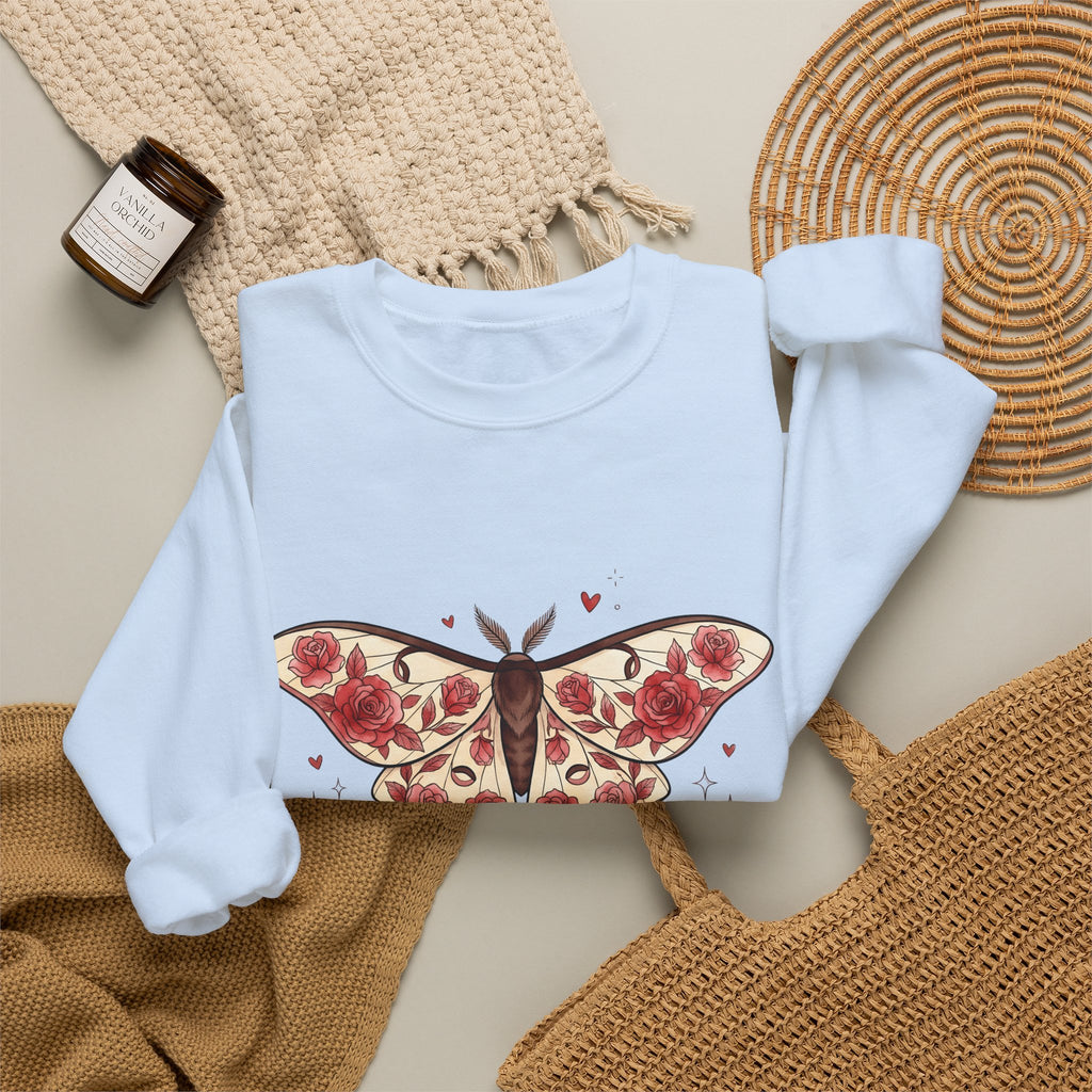 Moth Rose Sweatshirt St. Valentine's Day Floral Gift Women Boho Sweatshirt Rose Sweatshirt Valentine Fan Bohemian Sweatshirt Floral Graphic Tattoo Ribbon