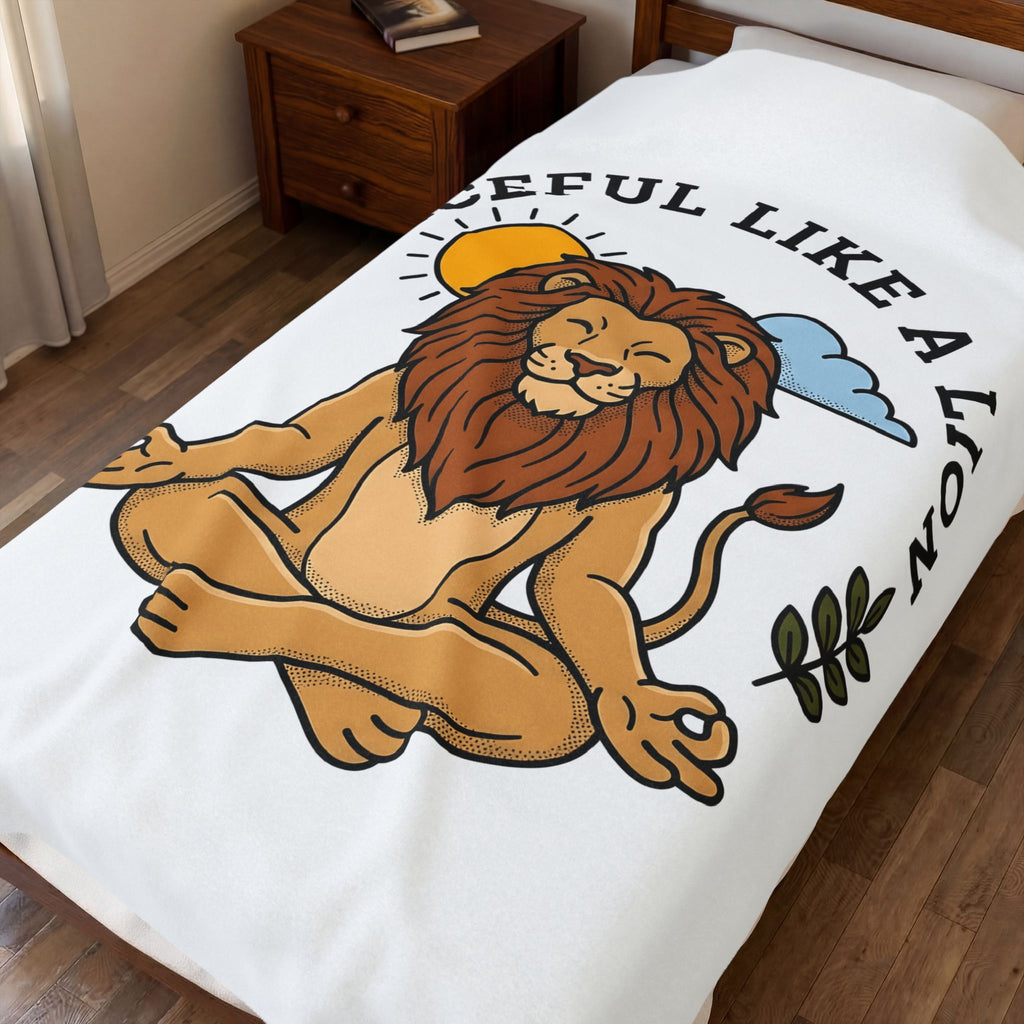 Meditating Lion Blanket Yoga Mindfulness Gift Women Cartoon Blanket Lioness Blanket Yoga Enthusiast Comic Blanket Meditation Graphic Minimalist Sun