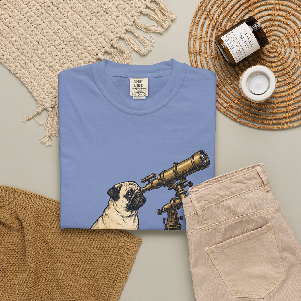 Pug Puppy T-Shirt Dog Space Gift Women Retro T-Shirt Puppy T-Shirt Dog Fan Canine T-Shirt Vintage Graphic Astronomy Illustration Sketch Binoculars