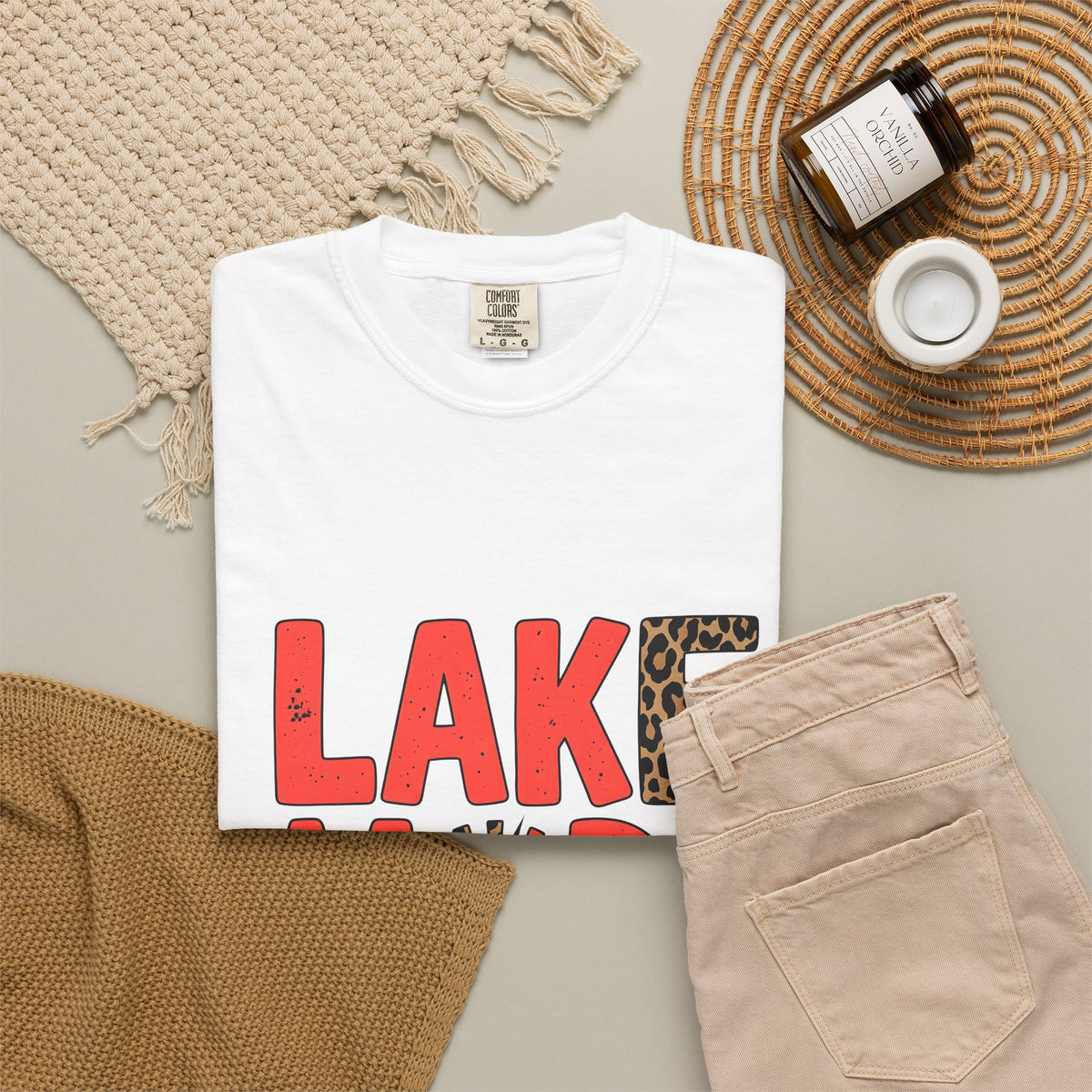 Bold Animal Print Text T-Shirt Lake Summer Gift Women Playful T-Shirt Typography T-Shirt Lakeside Fan Fun T-Shirt Vacation Graphic Retro Leopard