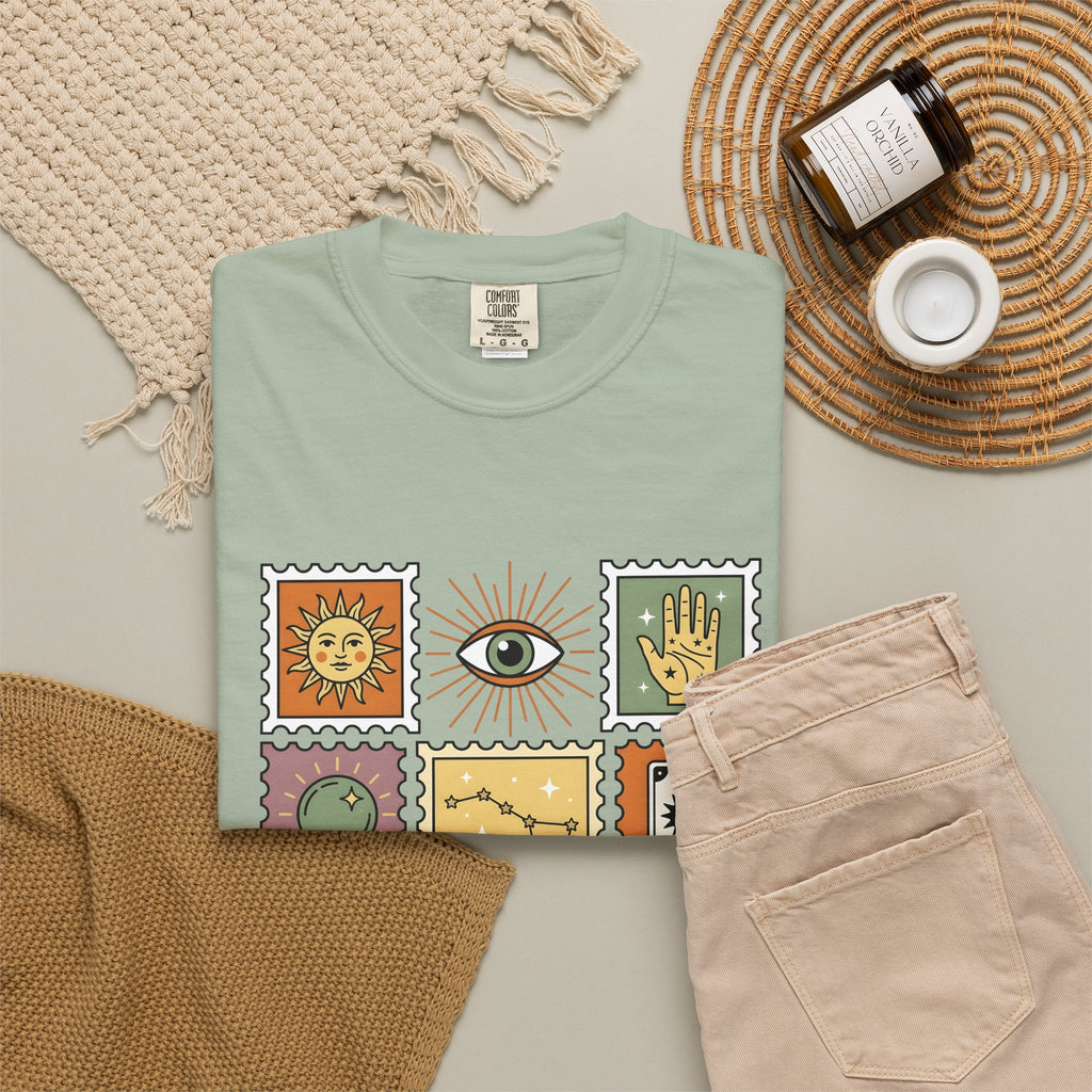 Magic Stamps T-Shirt Halloween Zodiac Gift Women Hippie T-Shirt Rubber Stamp T-Shirt Horror Fan Psychedelic T-Shirt Astrology Graphic Vintage