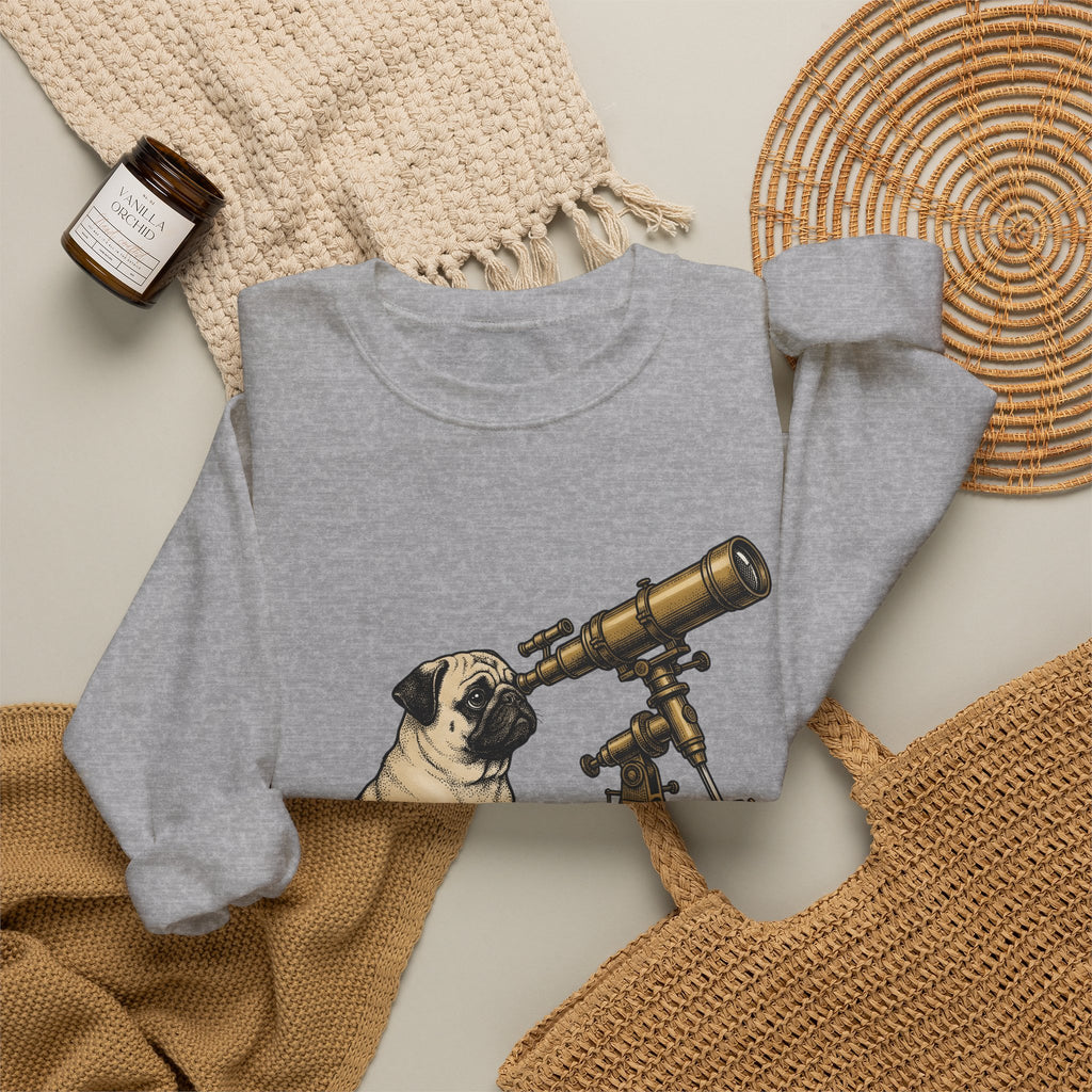 Pug Puppy Sweatshirt Dog Space Gift Women Retro Sweatshirt Puppy Sweatshirt Dog Fan Canine Sweatshirt Vintage Graphic Astronomy Illustration Sketch Binoculars
