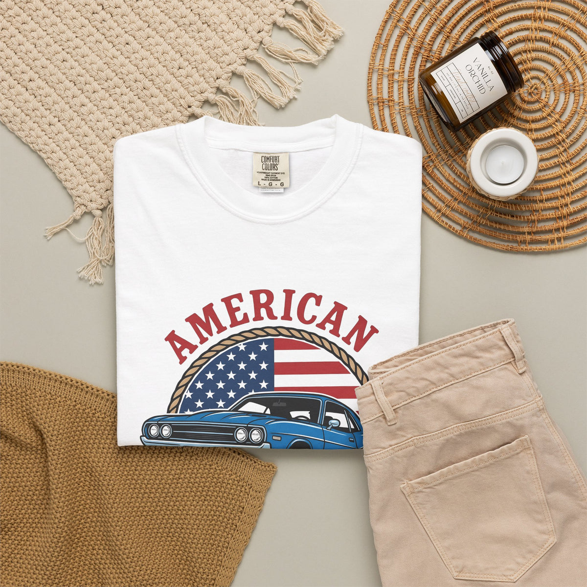Muscle Car T-Shirt America Automotive Gift Women Vintage T-Shirt Hot Rod T-Shirt Patriot Enthusiast Classic T-Shirt Car Graphic Retro American Flag
