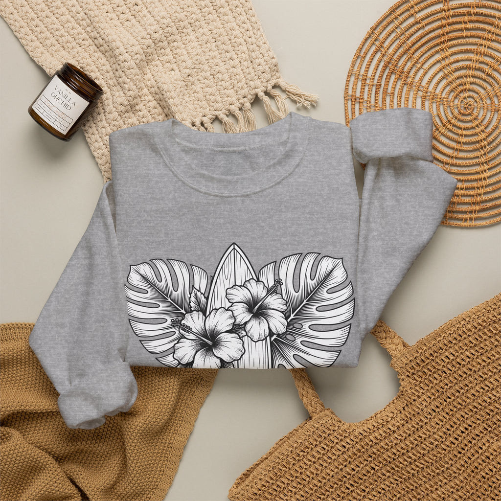Surfboard Petals Sweatshirt Surfing Shore Gift Women Drawing Sweatshirt Surfboards Sweatshirt Surfer Fan Illustration Graphic Nature Flower Sweatshirt