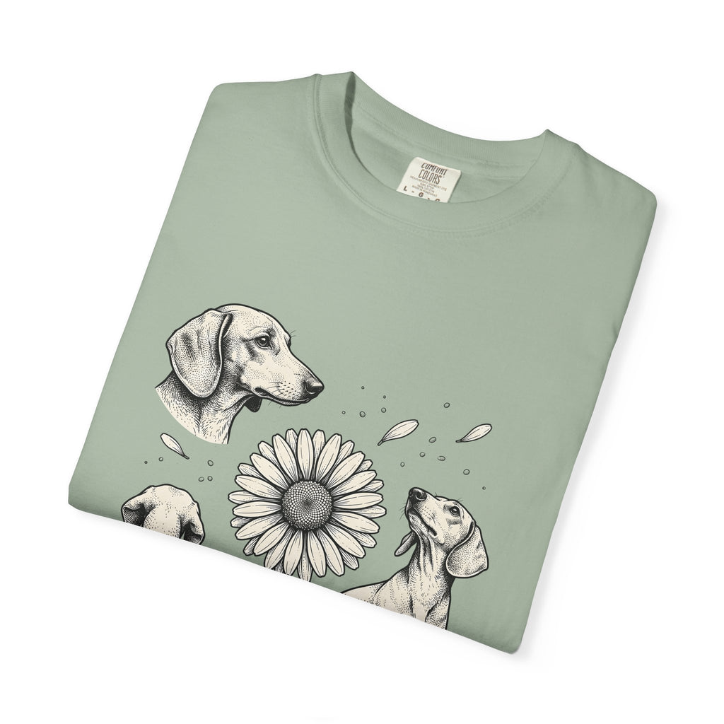Dachshund Dog T-Shirt Dog Floral Gift Women Hand Drawn T-Shirt Wiener Dog T-Shirt Dog Fan Illustrated Design Vintage Daisy Flower T-Shirt