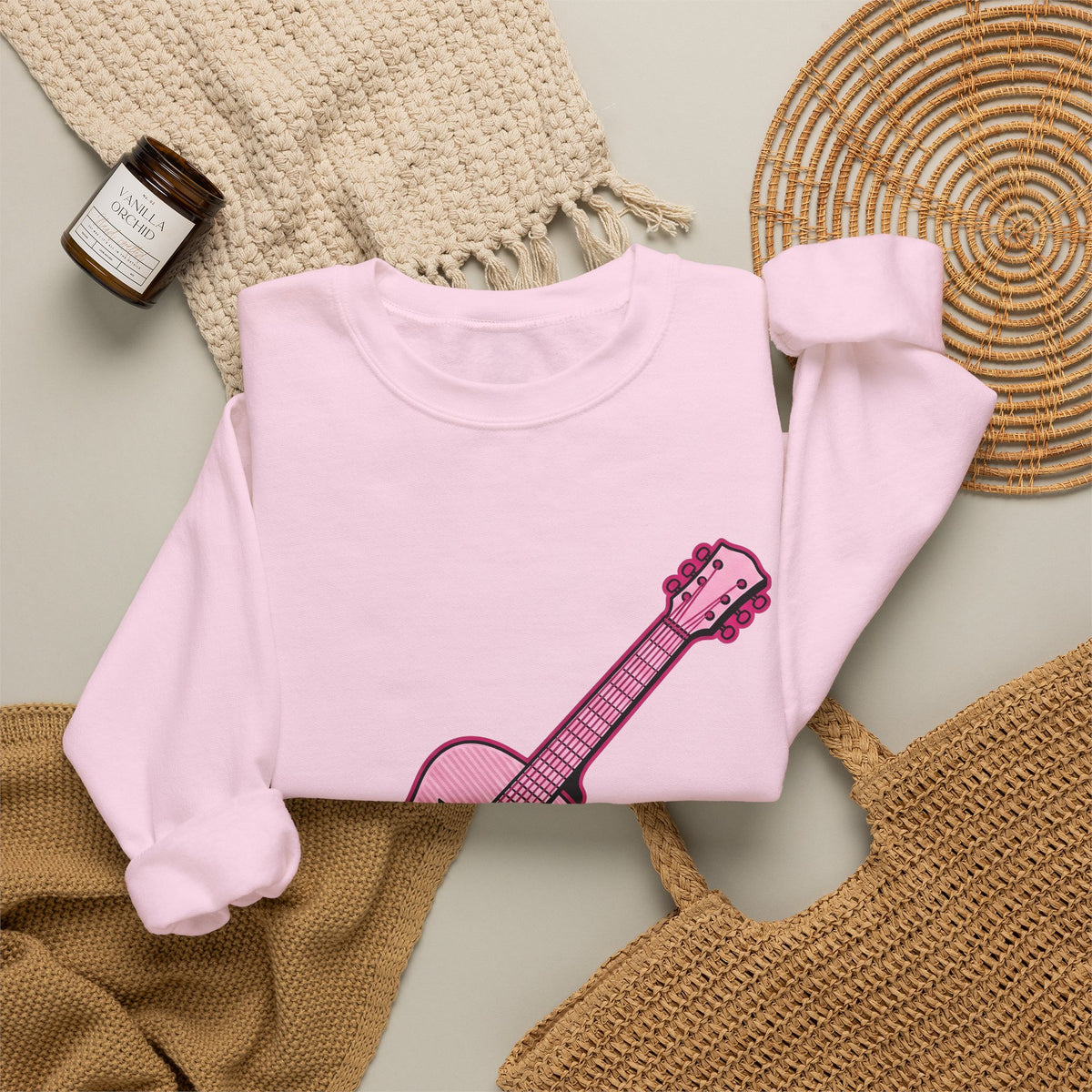 Pink Electric Guitar Sweatshirt Cowgirl Instruments Gift Women Cartoon Sweatshirt Guitar Sweatshirt Cowboy Fan Comic Sweatshirt Music Graphic Vintage Star
