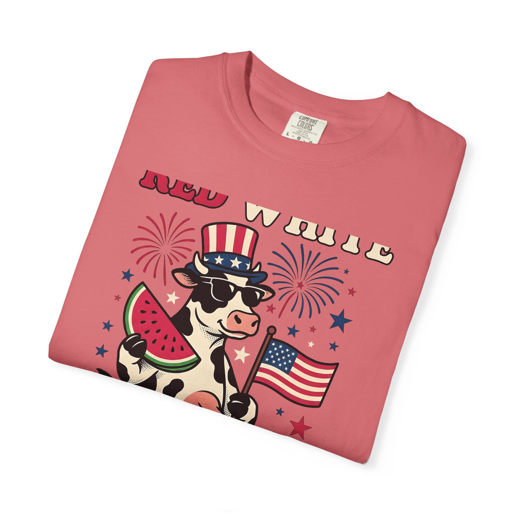 Patriotic Cow T-Shirt 4th Of July Farming Gift Women Animated T-Shirt Cowgirl T-Shirt Independence Fan Cartoon T-Shirt Agricultural Graphic Classic
