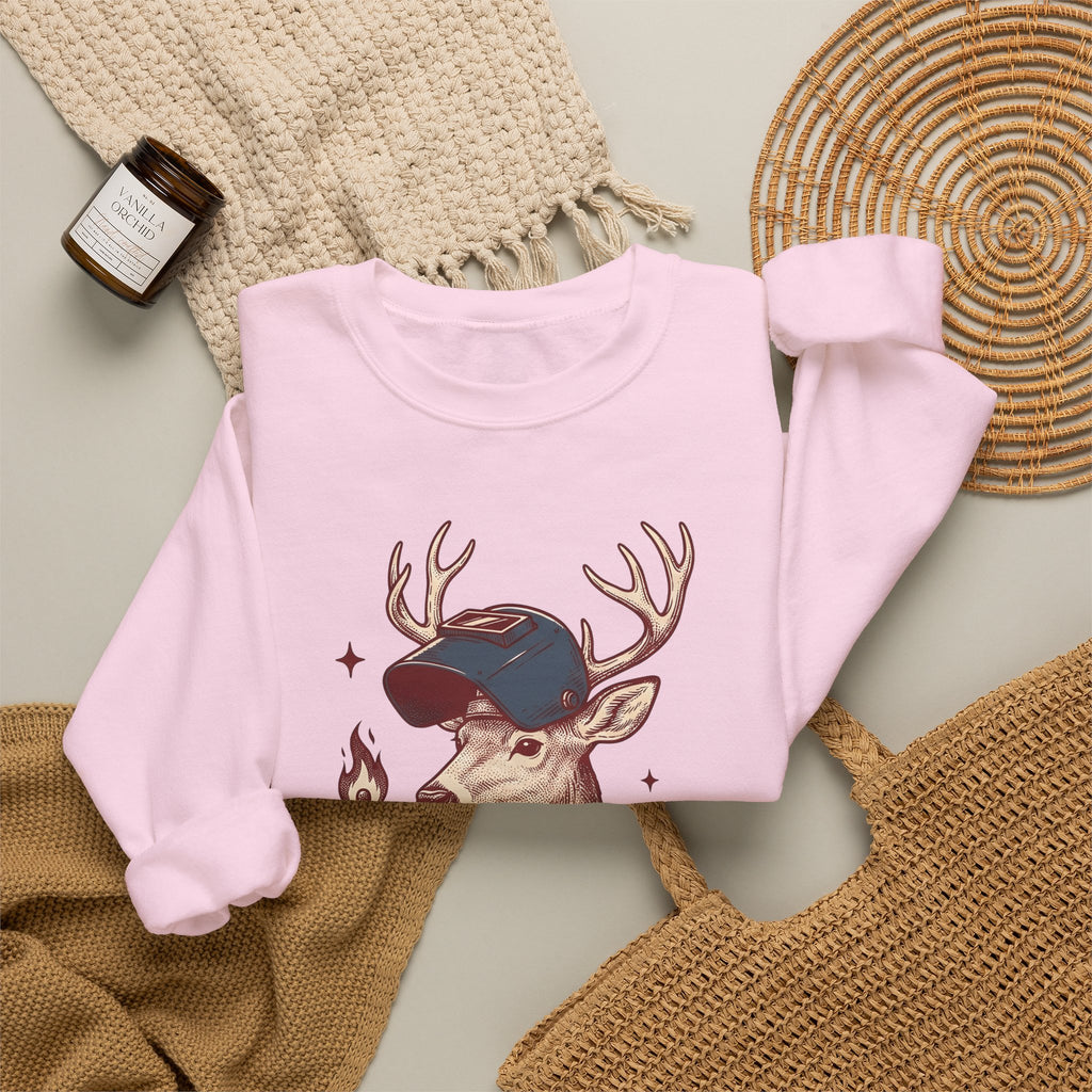 Horned Deer Welding Face Shield Sweatshirt Funny Nature Gift Women Antique Sweatshirt Welding Mask Sweatshirt Humor Fan Vintage Sweatshirt Wildlife Graphic