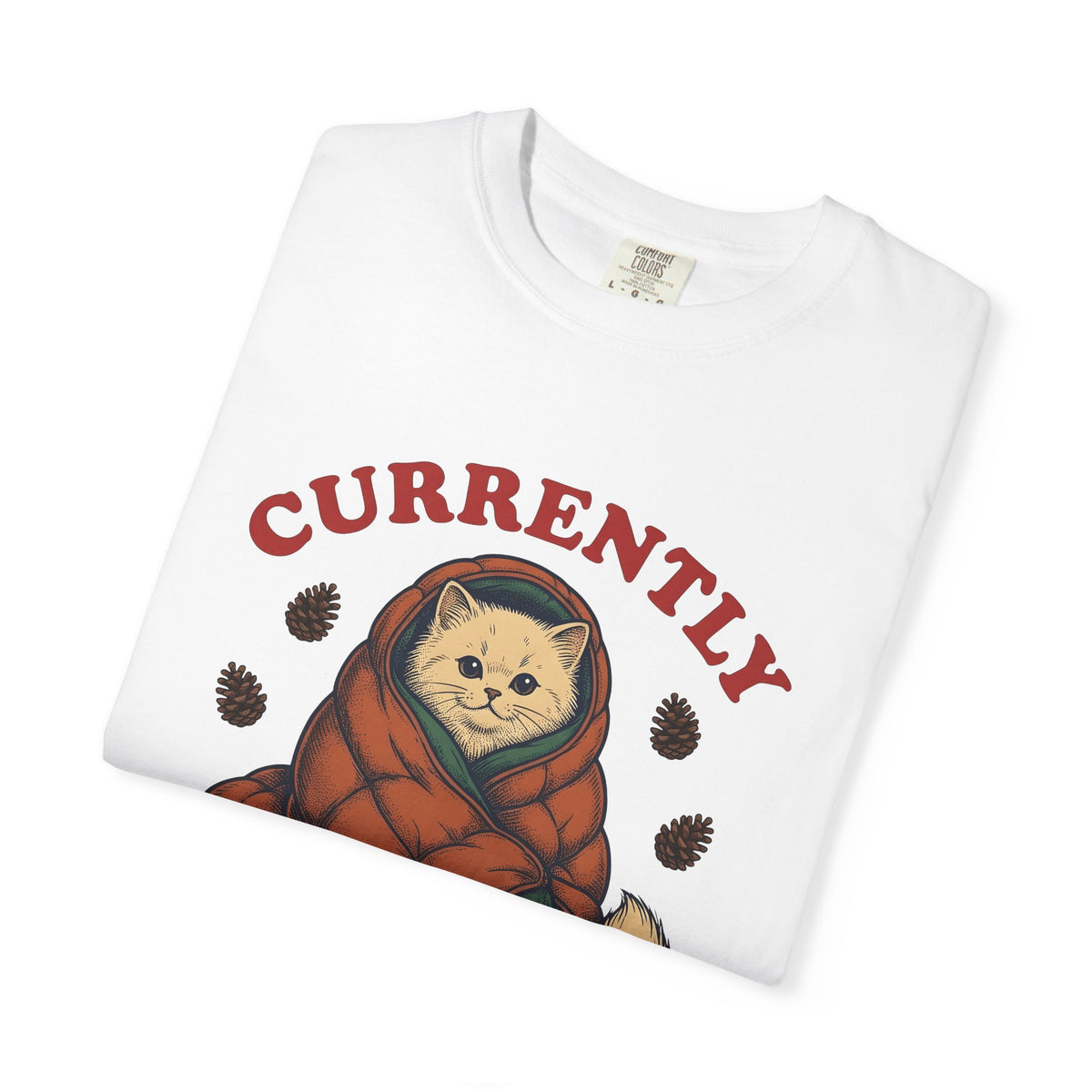Warm Cat T-Shirt Cat Backpacking Gift Women Farmhouse T-Shirt Kitty T-Shirt Feline Fan Rustic T-Shirt Hiking Graphic Line Art Conifer Cones T-Shirt