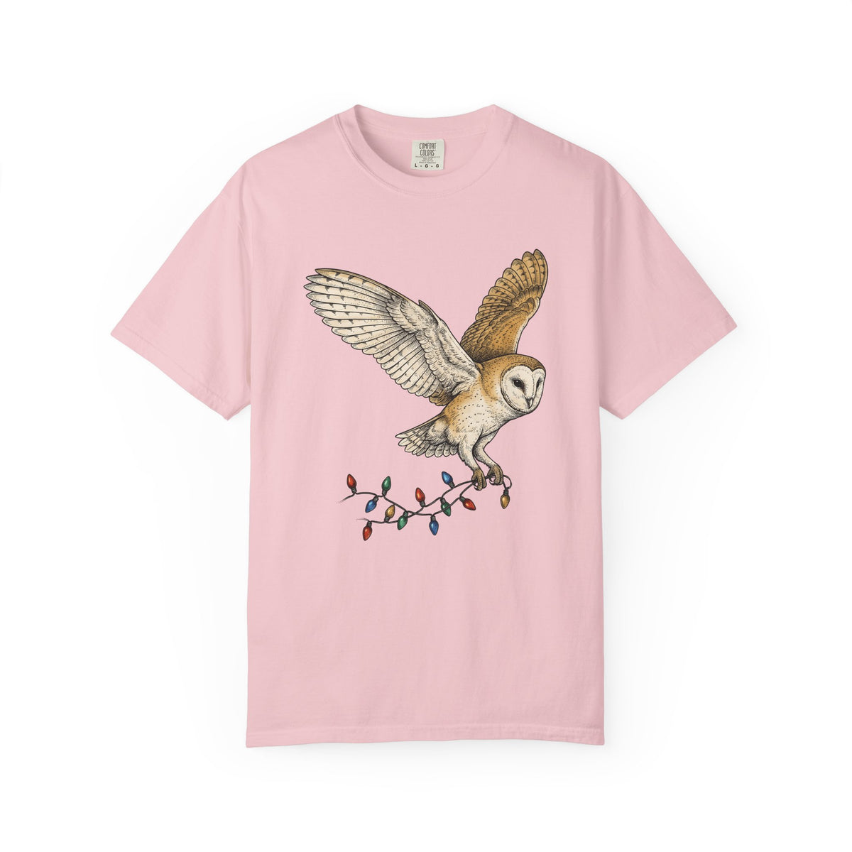Barn Owl T-Shirt Christmas Pets Gift Women Cartoon T-Shirt Owl T-Shirt Xmas Fan Owl T-Shirt Animal Graphic Classic Globe Lights T-Shirt
