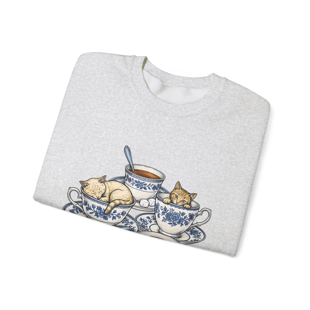 Cat Teacup Sweatshirt Cat Beverage Gift Women Retro Sweatshirt Kitty Sweatshirt Cat Fan Vintage Sweatshirt Coffee Graphic Sketch Flower Design Sweatshirt