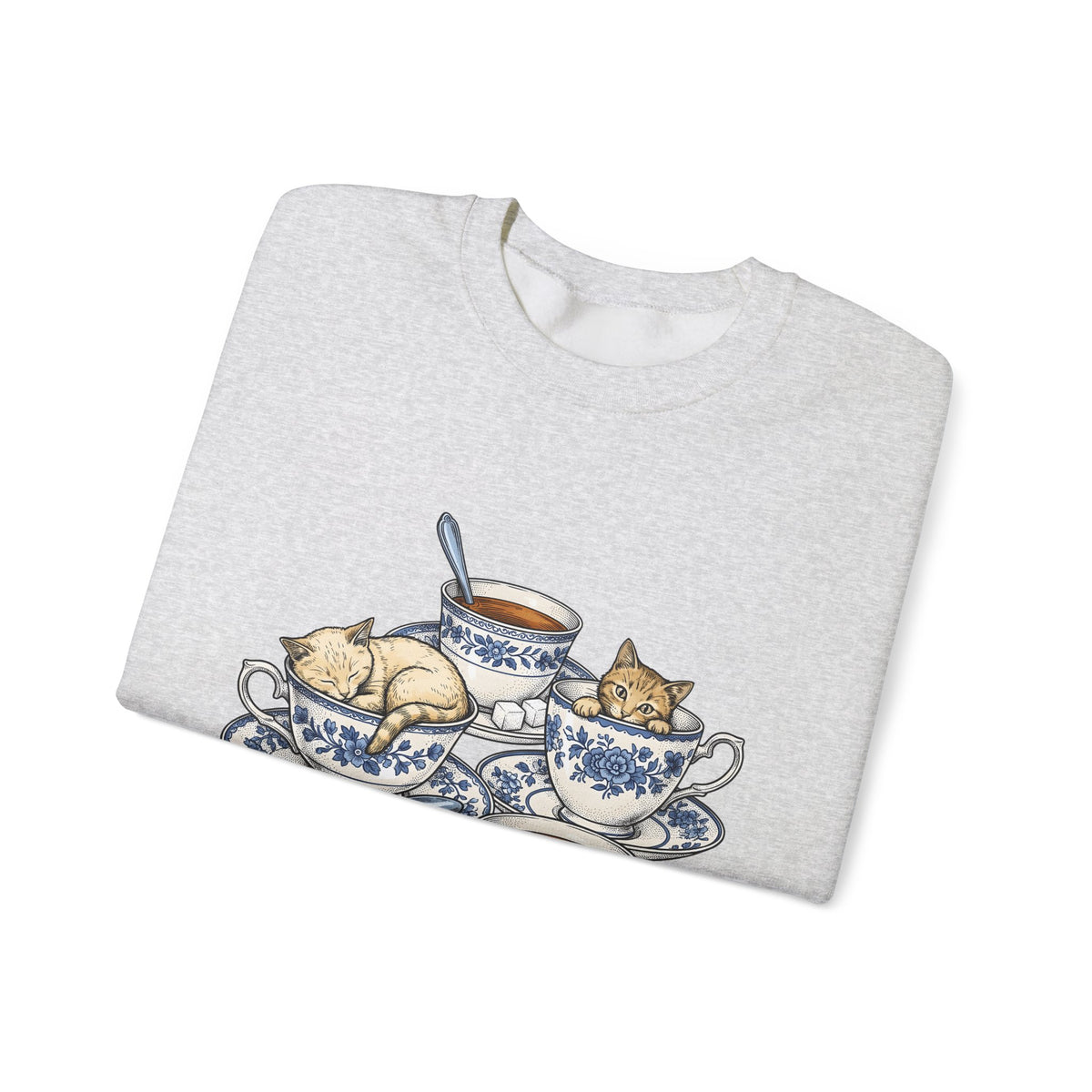 Cat Teacup Sweatshirt Cat Beverage Gift Women Retro Sweatshirt Kitty Sweatshirt Cat Fan Vintage Sweatshirt Coffee Graphic Sketch Flower Design Sweatshirt