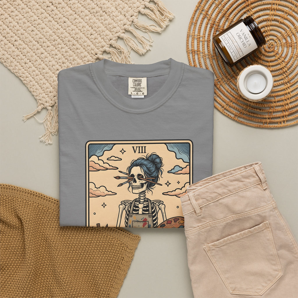 Skeleton Artist T-Shirt Artist Gothic Gift Women Tarot Card T-Shirt Skeleton T-Shirt Art Enthusiast Occult Graphic T-Shirt Vintage Sunflower T-Shirt