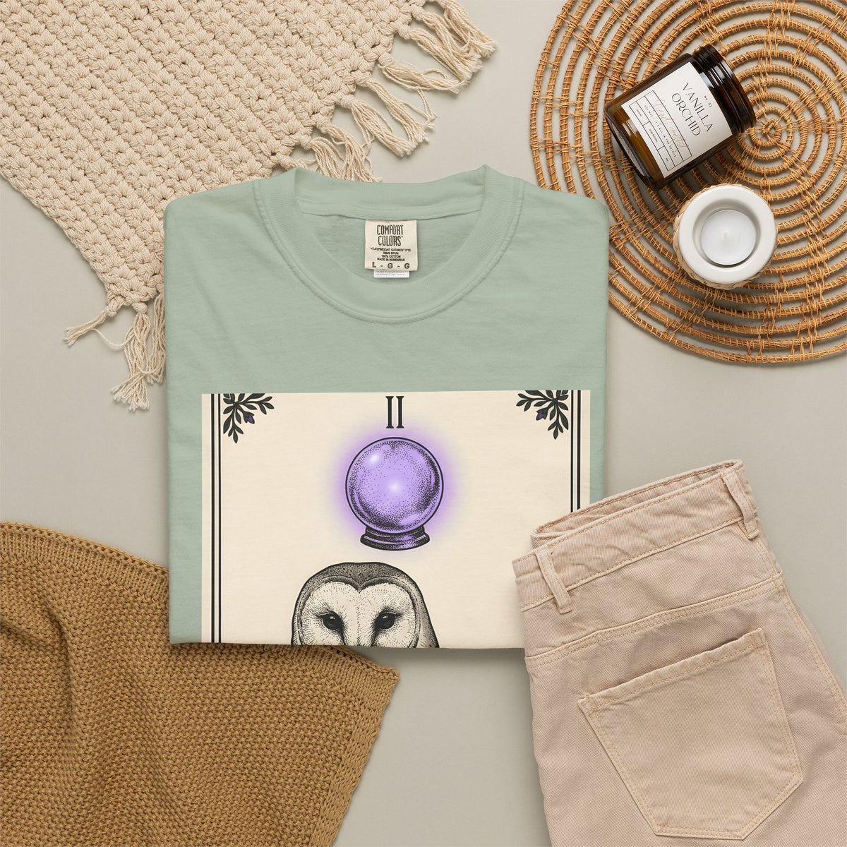Barn Owl T-Shirt Boho Chic Magic Gift Women Oracle T-Shirt Owl T-Shirt Bohemian Fan Mystic T-Shirt Magical Graphic Hand Drawn Glass Sphere T-Shirt
