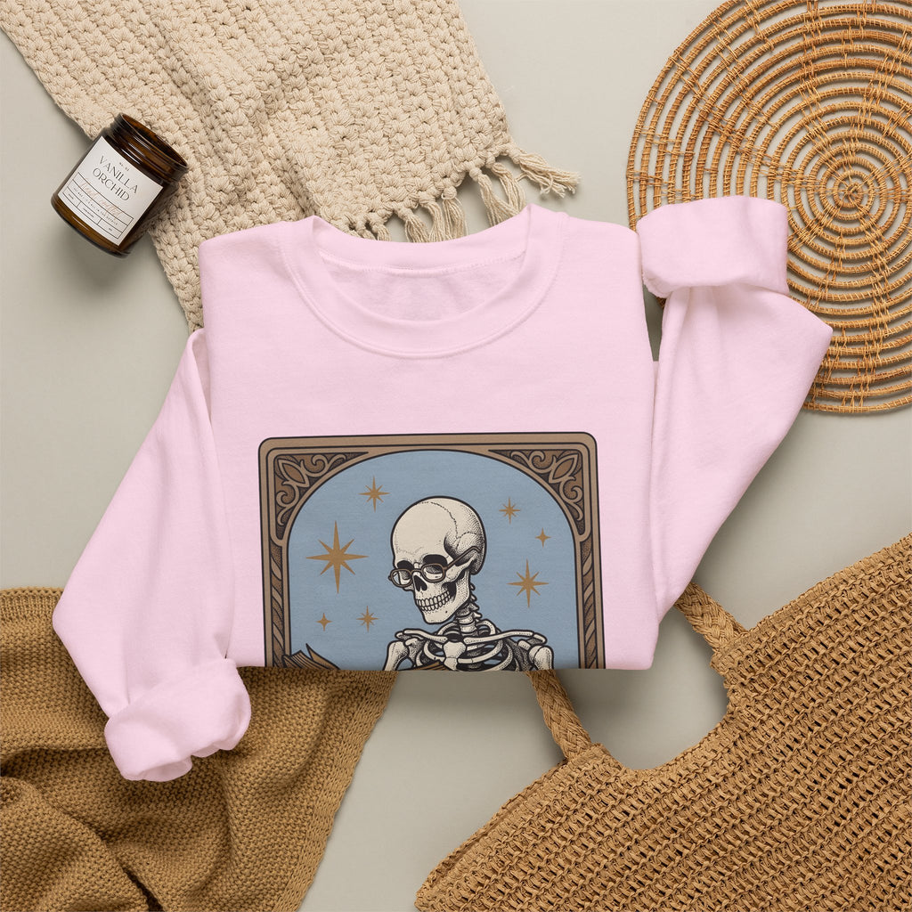 Skeleton Reading Book Sweatshirt Gothic Academic Gift Women Vintage Sweatshirt Skeleton Sweatshirt Dark Fan Retro Sweatshirt Scholar Graphic Tarot Coffee Cup