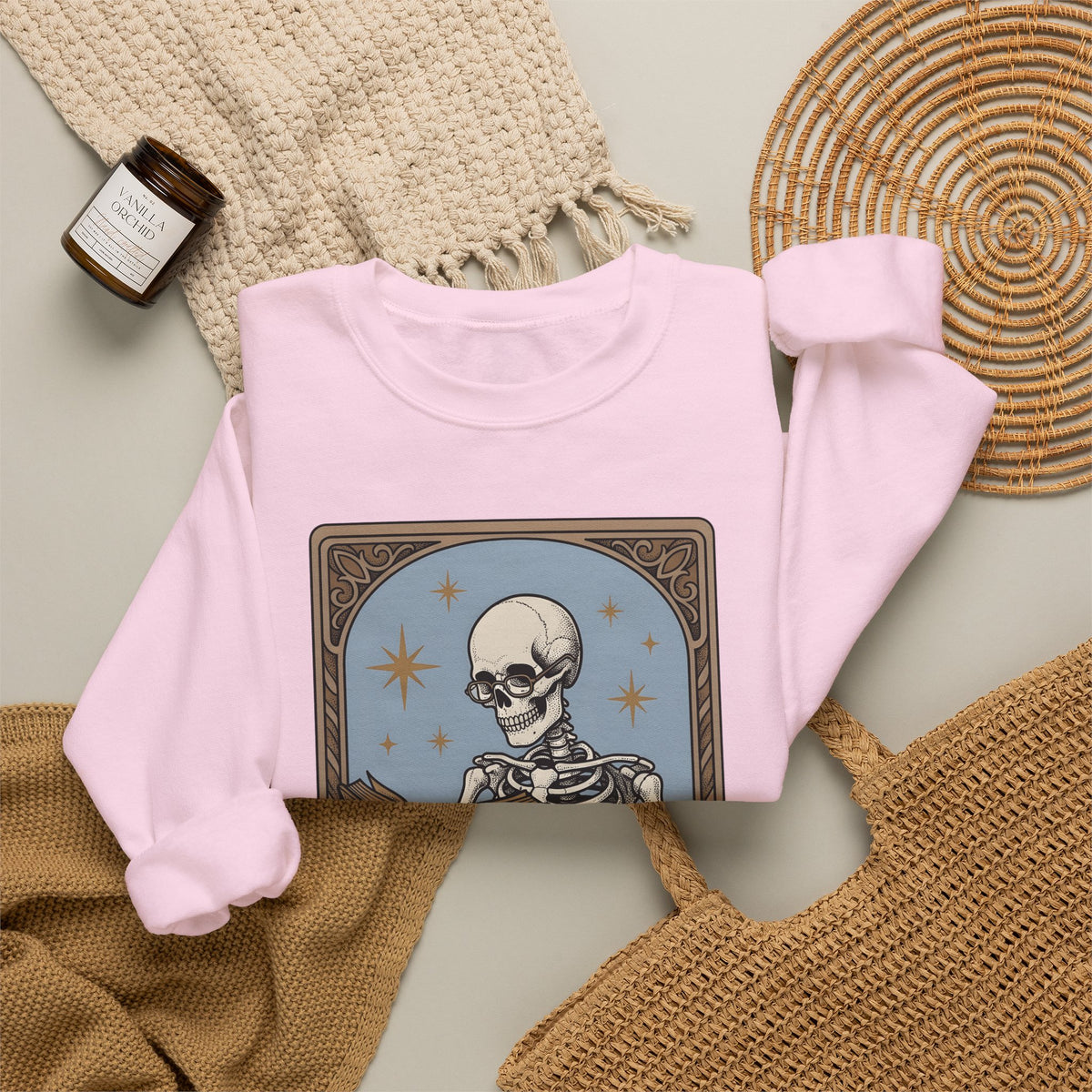 Skeleton Reading Book Sweatshirt Gothic Academic Gift Women Vintage Sweatshirt Skeleton Sweatshirt Dark Fan Retro Sweatshirt Scholar Graphic Tarot Coffee Cup