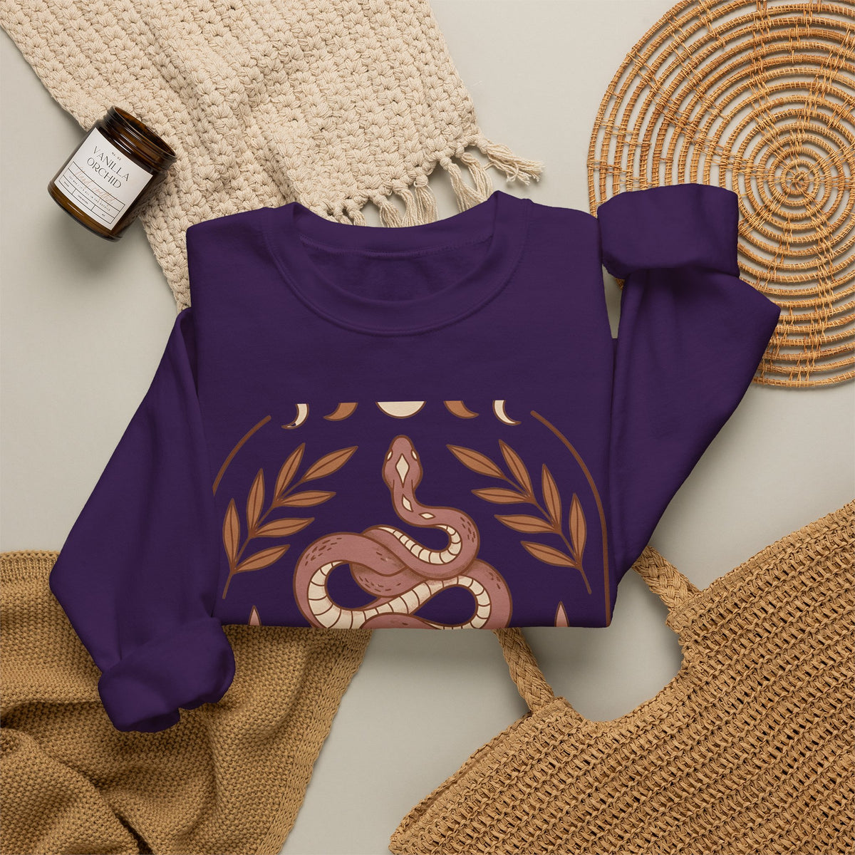 Snake Sun Sweatshirt Boho Chic Crystals Gift Women Tribal Sweatshirt Serpent Sweatshirt Bohemian Fan Primitive Sweatshirt Crystal Graphic Line Art Moon Phases