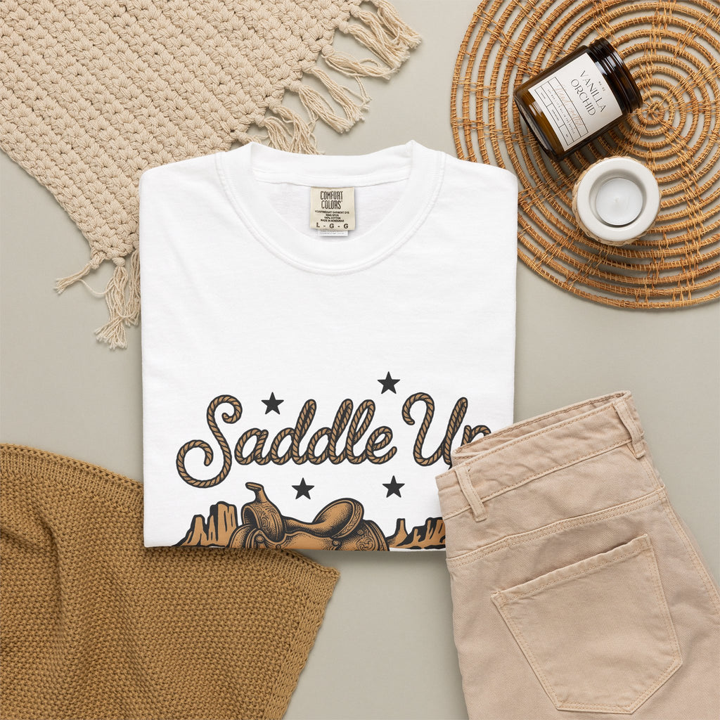 Leather Saddle T-Shirt Cowgirl Ranch Gift Women Distressed T-Shirt Saddle T-Shirt Cowboy Fan Saddlery T-Shirt Farm Graphic Line Art Succulent