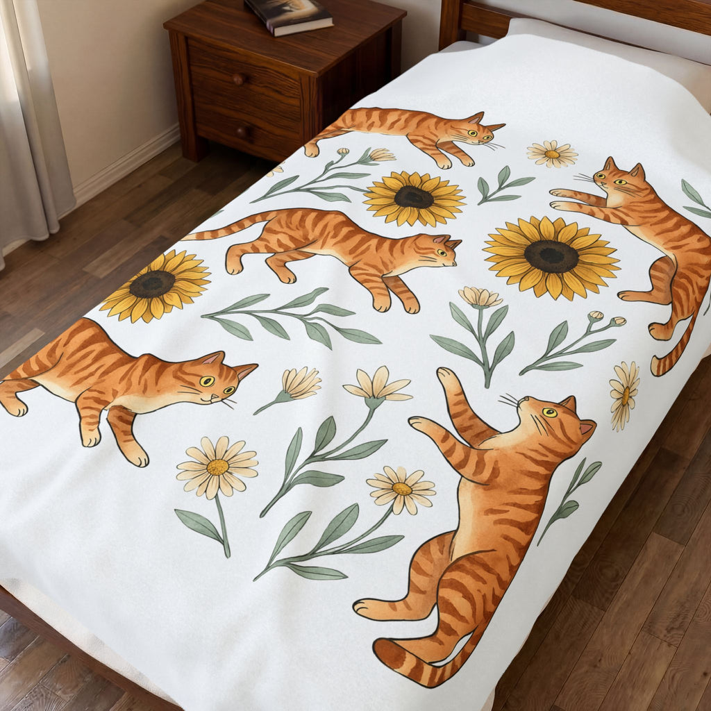 Ginger Cats Blanket Cat Flower Gift Women Cartoon Blanket Orange Cat Blanket Cat Fan Feline Graphic Illustration Comic Blanket Sketch Sunflower